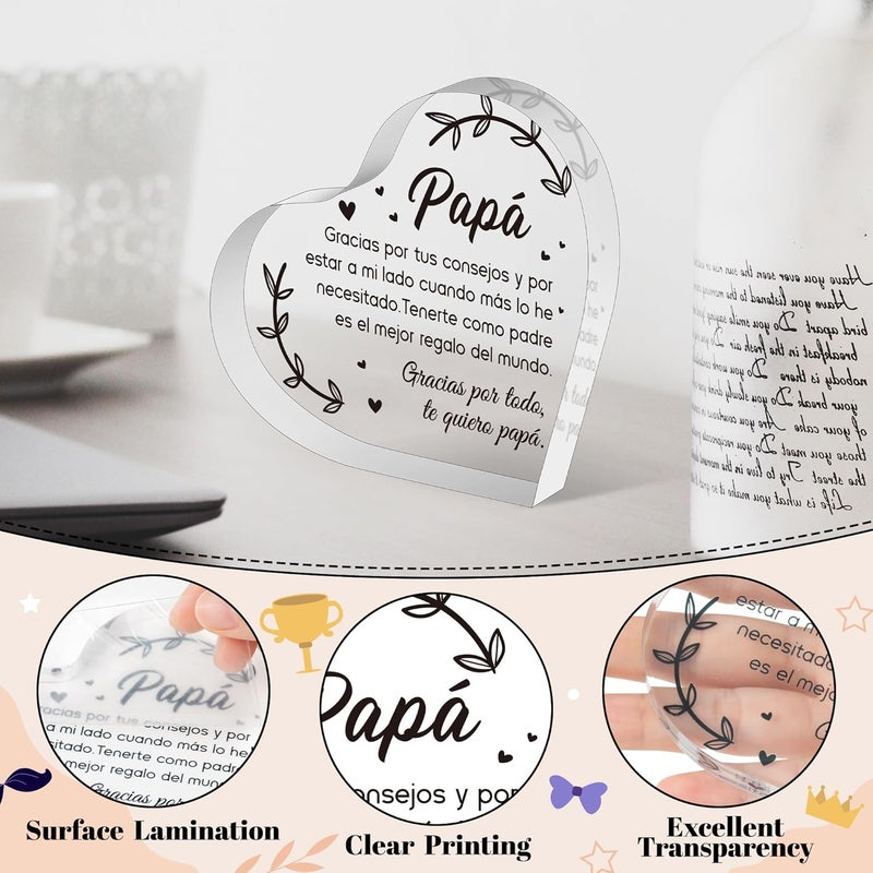 Yopyame Spanish Dad Birthday Gifts - Regalos para Papá Heart Acrylic Plaque for Office Desk Decor Keepsake Paperweights Gifts for Dad in Spanish Christmas Father's Day Gifts for Dad from Daughter Son - Image 3